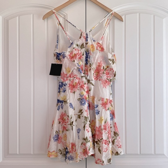 Lulus NWT Bouquet of Blooms Ivory Floral Print Clip Dot Mini Dress Size Small - Picture 8 of 16